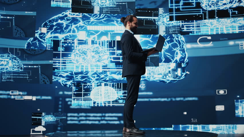 Engineer studying AI brain for data structures and predictive analytics, highlighting smart technology and deep learning for innovation and productivity. Algorithmic thinking. Camera B.