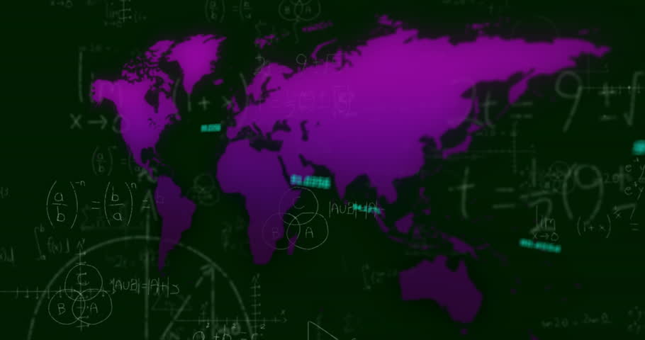 Purple map showing cyan data labels emerging with chalkboard formulas pulsing for analysis. Geography, data visualization, scientific, digital interface, mathematical, infographic, technology