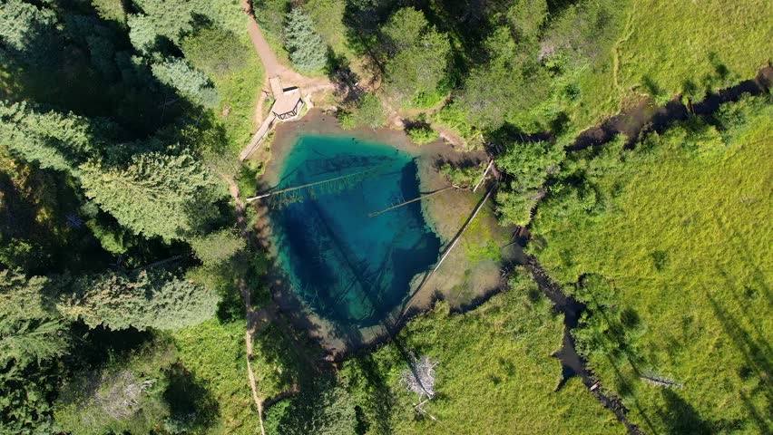 Top down drone view of Little Crater Lake in the Mt Hood National Forest, Oregon.	