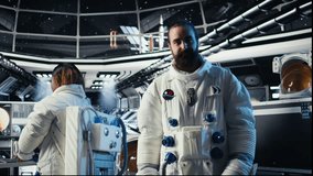 Astronaut waves hand during videocall with Earth command center while aboard spacecraft, sharing mission update. Cosmonaut salutes researchers during communication link to ground center, camera A - Powered by Shutterstock - Get 15% off with code: PIKWIZARD15