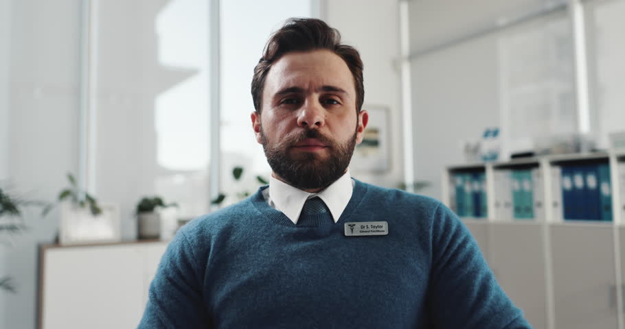 Man, face and therapist with tips for virtual discussion, online meeting or telehealth at office. Male person, counselor or health worker talking in POV for advice, communication or help at workplace