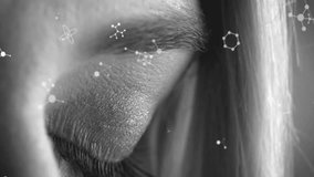 Right eyelid lifting and revealing blue iris as holographic panels materializing and scanning iris. Futuristic, biometric, technology, science, data visualization, digital, analysis - Powered by Shutterstock - Get 15% off with code: PIKWIZARD15