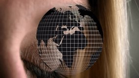 Wireframe globe appearing over woman's eye, showing glowing iris, rotating grid for interface demo. Futuristic, holographic, digital, technology, innovation, interface, data visualization - Powered by Shutterstock - Get 15% off with code: PIKWIZARD15