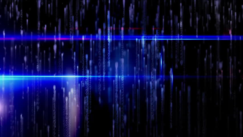Digital rain falling among scan beams flashing as gold lens flare igniting sweeping halo artifacts. Abstract, technology, futuristic, motion, spectacle, dynamic, cyberpunk
