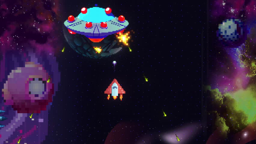 Fake gaming scene: a pixel art space battle shows a red spaceship fighting a boss UFO ship and losing the fight. Space-themed retro style arcade fake gameplay: final boss fight and loss, game over.