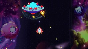 Fake gaming scene: a pixel art space battle shows a red spaceship fighting a boss UFO ship and losing the fight. Space-themed retro style arcade fake gameplay: final boss fight and loss, game over. - Powered by Shutterstock - Get 15% off with code: PIKWIZARD15