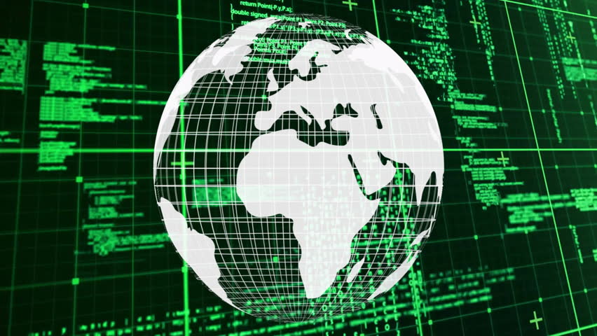 On start 3D wireframe globe slowly rotating to reveal regions with code streams showing data flow. Technology, cyberspace, data visualization, futuristic, digital, network, information