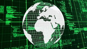 On start 3D wireframe globe slowly rotating to reveal regions with code streams showing data flow. Technology, cyberspace, data visualization, futuristic, digital, network, information - Powered by Shutterstock - Get 15% off with code: PIKWIZARD15