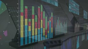 Data dashboard monitors cycling through flat design charts after ticker scroll for showing trends. Analytics, visualization, modernity, technology, dashboard, interface, digital - Powered by Shutterstock - Get 15% off with code: PIKWIZARD15
