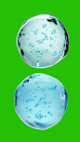 Blue 3D hyaluronic gel bubbles with air particles floating in glossy transparent blue texture on green screen. Ideal cosmetic element for skincare, hydration, serum, anti-aging, and beauty visuals.