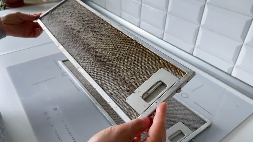 Greasy metallic kitchen hood filter needing deep cleaning. Homeowner hands holding grid, thinking about best way to remove grime, neglected greasy appliance, cleaning dilemma, DIY household chores