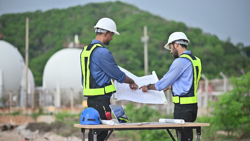 Environmental engineer team examining waste water along large industrial construction waste water or pollution monitoring and maintenance ensure systems operate effective environmental regulations.