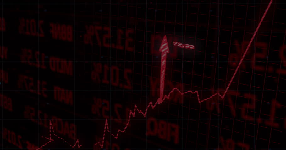 When dotted red line rising, arrows popping at markers, white line weaving visualizing finance data. Data visualization, financial analytics, stock market, digital dashboard, technical indicator,