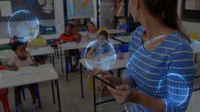 Teacher tapping tablet, swiping and creating 3D globes in geography class, students jotting notes. Education, technology, innovation, classroom, digital, e-learning, interactive - Powered by Shutterstock - Get 15% off with code: PIKWIZARD15