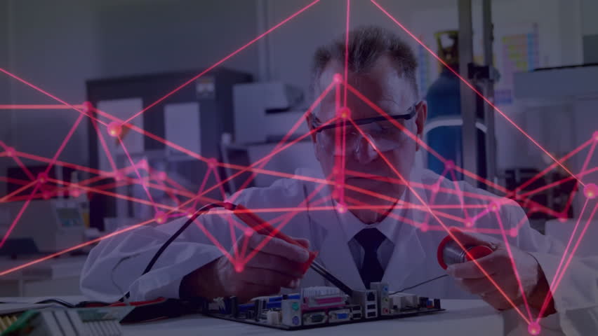 Senior engineer placing red and black probes on board testing circuit and animating network overlay. Technology, innovation, electronics, circuitry, data, analysis, diagnostics - Powered by Shutterstock - Get 15% off with code: PIKWIZARD15