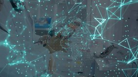 Tech lab scientist rotating board mapping data flow and senior scientist pointing network nodes. Innovation, collaboration, technological, futuristic, analytical, professional, precision - Powered by Shutterstock - Get 15% off with code: PIKWIZARD15