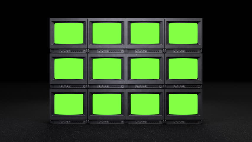 Retro CRT TV Wall with Green Screen monitor, camera slowly moving closer to screen, 3d animation