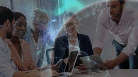 Business team raising laptops, tablets around table, revealing 3D globe showing global network. Collaboration, innovation, technology, teamwork, professionalism, digital, connectivity - Powered by Shutterstock - Get 15% off with code: PIKWIZARD15