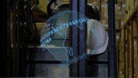 On forklift startup, holographic globe rotating across rack aisle visualizing global data trends. Technology, logistics, data visualization, industrial, innovation, business, automation - Powered by Shutterstock - Get 15% off with code: PIKWIZARD15