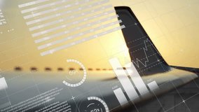 Digital gauges overlaying wing and tailfin at sunrise, rising charts displaying flight data. Aviation, aeronautics, infographic, dashboard, data visualization, technology, finance - Powered by Shutterstock - Get 15% off with code: PIKWIZARD15