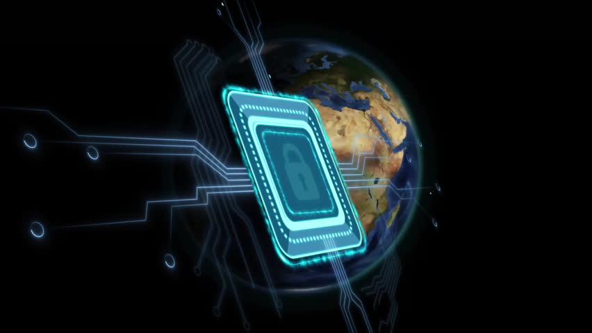 Opening teal microchip bearing padlock, circuits pulsing and Earth rotating emphasizing security. Technology, cybersecurity, innovation, digital, network, data, clean