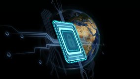 Opening teal microchip bearing padlock, circuits pulsing and Earth rotating emphasizing security. Technology, cybersecurity, innovation, digital, network, data, clean - Powered by Shutterstock - Get 15% off with code: PIKWIZARD15