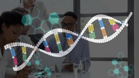Seated team members reviewing science data reports as animated DNA helix and code appearing. Collaboration, innovation, professionalism, technology, analytics, teamwork, research - Powered by Shutterstock - Get 15% off with code: PIKWIZARD15