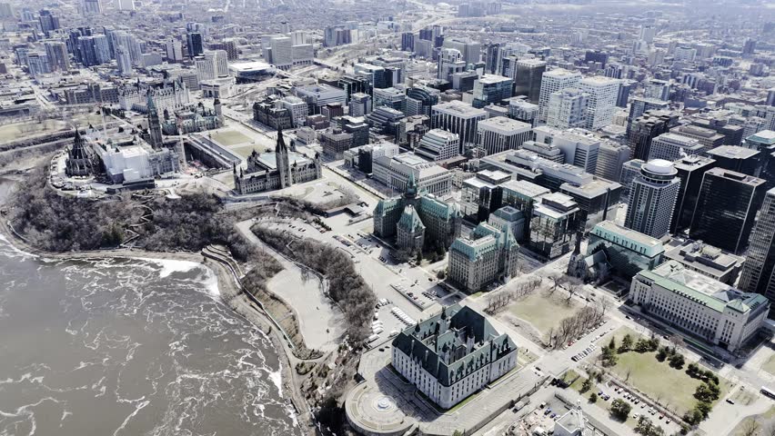 aerial city view of the skyline of downtown Ottawa, including Parliament buildings Ottawa, Ontario Canada.