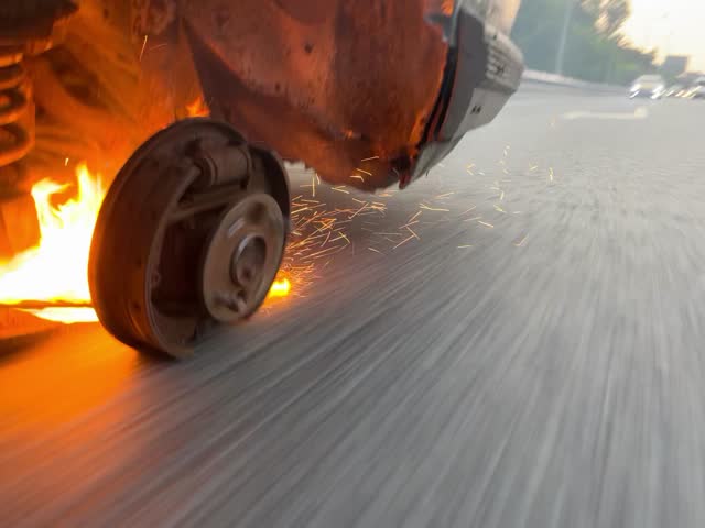 A car without a left rear wheel is driving on the road. Sparks and fire are flying from under the car.