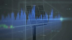 Scan line sweeping solar panel, animating shifting candlestick bars with pulsing blue area graph. Technology, data, analytics, innovation, digital, finance, visualization - Powered by Shutterstock - Get 15% off with code: PIKWIZARD15