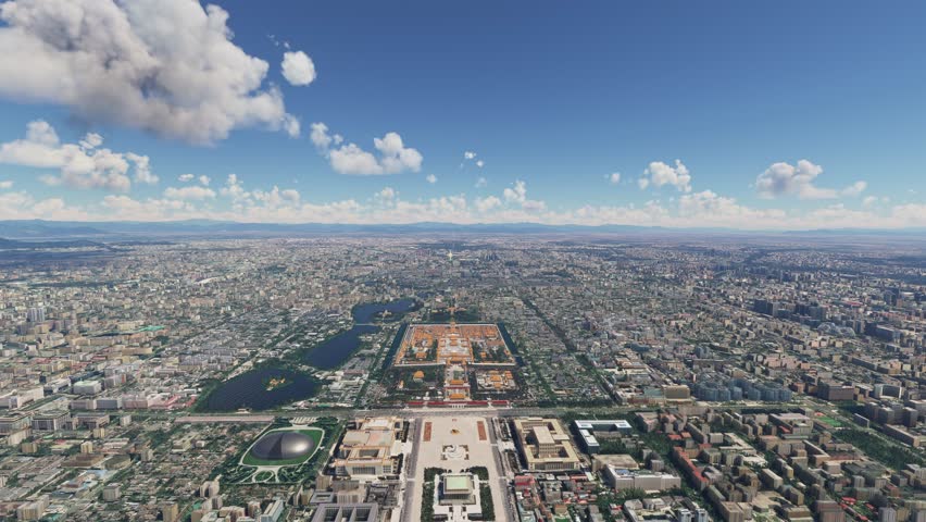 3D - Aerial view of Qianmen Main Street Mall and West Chang An Avenue Residencial District. Beijing. China