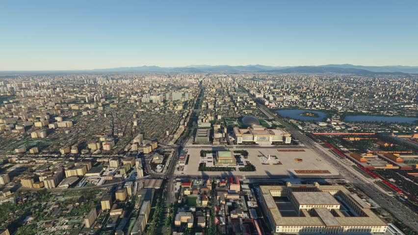 3D - Side aerial shot of Qianmen Main Street Mall and West Chang An Avenue Residencial District. Beijing. China