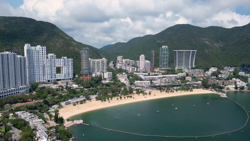 Repulse Bay, Hong Kong: Aerial drone footage of the famous Repulse Bay beach town in the south part of Hong Kong island in China. 