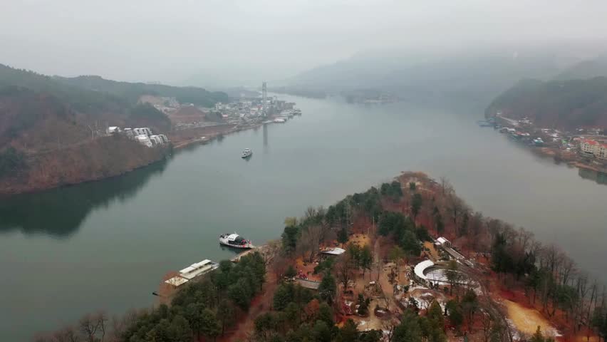 Aerial View of River Confluence on a Foggy Day