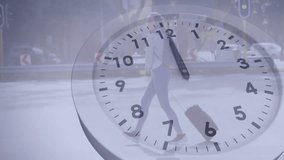 woman crossing crosswalk as red light stopping cars clock overlay tracking time for urban mobility. Time, urban, transportation, punctuality, movement, modern, commuter - Powered by Shutterstock - Get 15% off with code: PIKWIZARD15