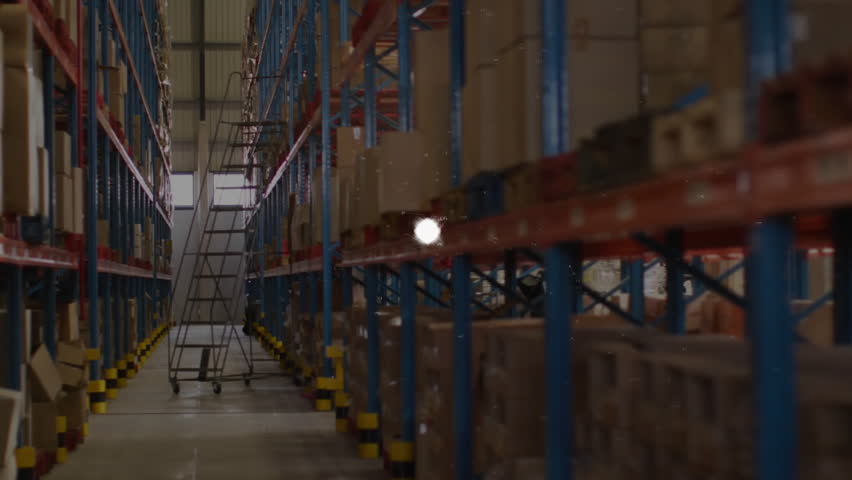 After pause, digital globe of face icons rotating and expanding to show network growth in warehouse. Futuristic, technology, data, cyber, connectivity, digital, industrial