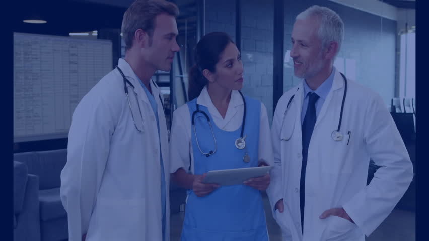 Medical team tapping tablet, projecting patient statistics overlay, collaborating on treatment plan. Clinical collaboration, digital health, healthcare technology, hospital teamwork, medical analysis, - Powered by Shutterstock - Get 15% off with code: PIKWIZARD15