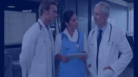 Medical team tapping tablet, projecting patient statistics overlay, collaborating on treatment plan. Clinical collaboration, digital health, healthcare technology, hospital teamwork, medical analysis, - Powered by Shutterstock - Get 15% off with code: PIKWIZARD15