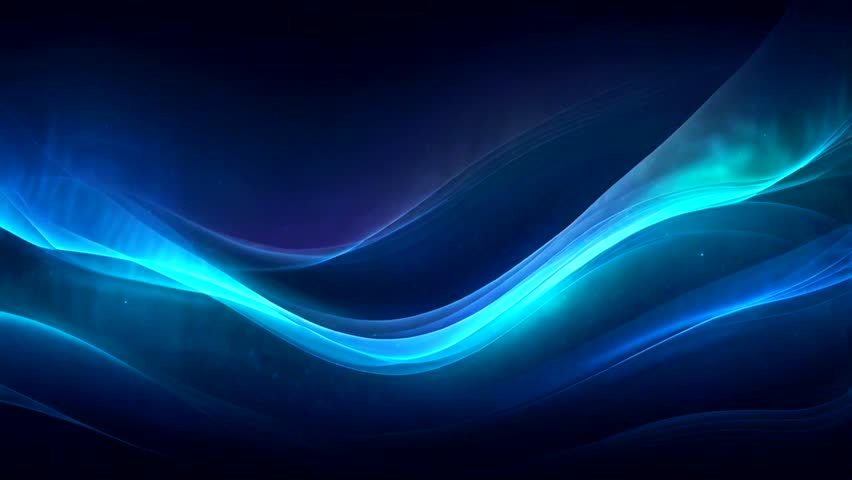 Abstract background featuring flowing blue light waves with a gradient from dark blue to black. These waves appear to glow, creating a calm and futuristic atmosphere.