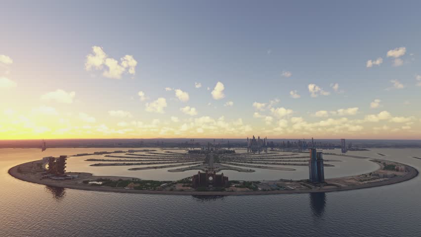 3D - Sunset aerial drone view of The Palm in Jumeirah. Dubai. United Arab Emirates