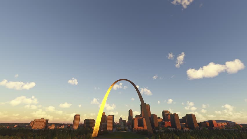 3D - Sunset aerial drone shot of Museum at the Gateway Arch in St. Louis. Missouri. United States
