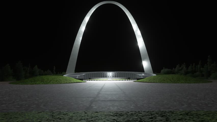 3D - Night aerial drone view of Museum at the Gateway Arch in St. Louis. Missouri. United States