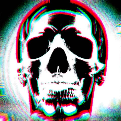 Video of skull rolling partially slowly, glitch effects, motion effect.	