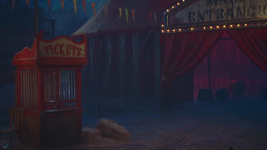Vintage Circus Tent Entrance in Foggy Night