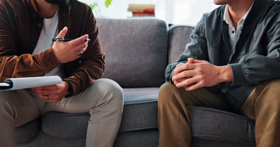 Appointment, therapist and discussion with patient, office or understanding of addiction or talking. Consultation, men and doctor with advice in rehab, communication and notes for process and therapy