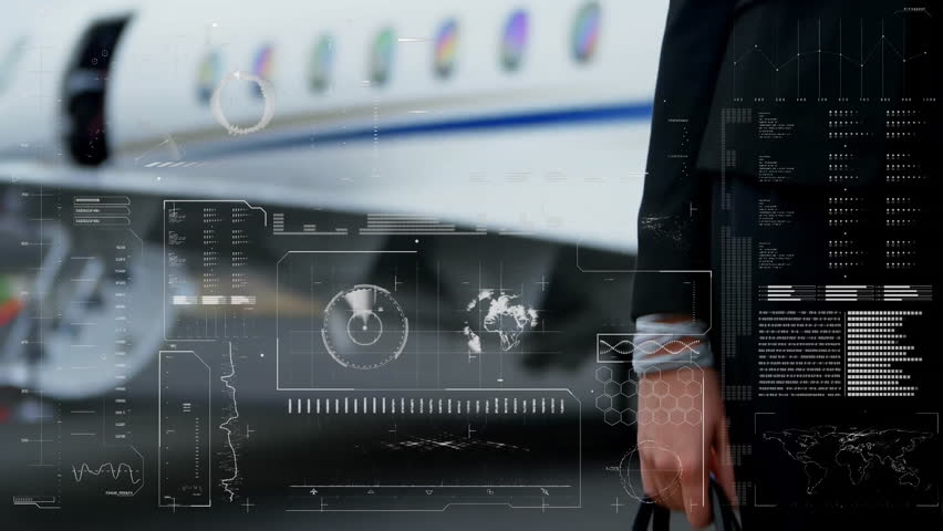 Camera panning toward executive before jet as tech HUD displaying data and she surveying runway. Luxury, professionalism, aviation, futurism, elegance, corporate, innovation - Powered by Shutterstock - Get 15% off with code: PIKWIZARD15