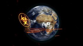 Rotating 3D Earth, biohazard fading, lines pulsing indicating emergency requiring immediate action. Global, visualization, digital, warning, crisis, connectivity, technology - Powered by Shutterstock - Get 15% off with code: PIKWIZARD15