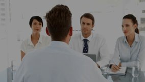 Presenter gesturing as green map overlay appearing while panelists noting for business. Business, teamwork, innovation, collaboration, strategy, communication, technology - Powered by Shutterstock - Get 15% off with code: PIKWIZARD15