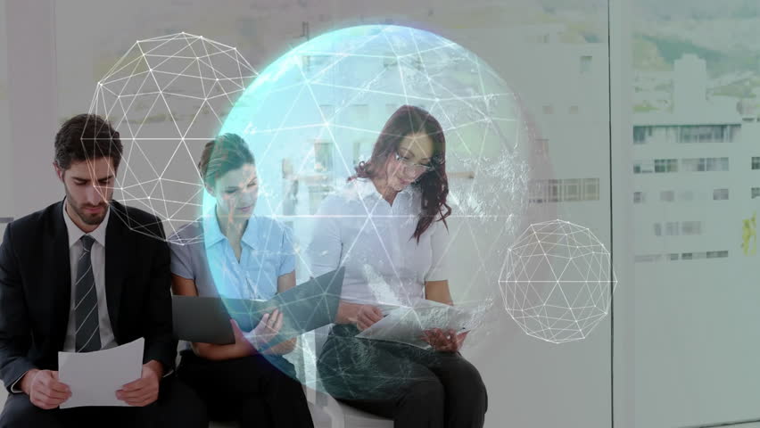 Job applicants reviewing resumes with globe floating interviewer entering shaking hands interview. Corporate, professionalism, networking, technology, recruitment, modern, collaboration