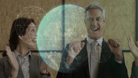 Business team noticing rotating holographic globe in conference area and celebrating data success. Collaboration, innovation, digital, futuristic, teamwork, achievement, technology - Powered by Shutterstock - Get 15% off with code: PIKWIZARD15